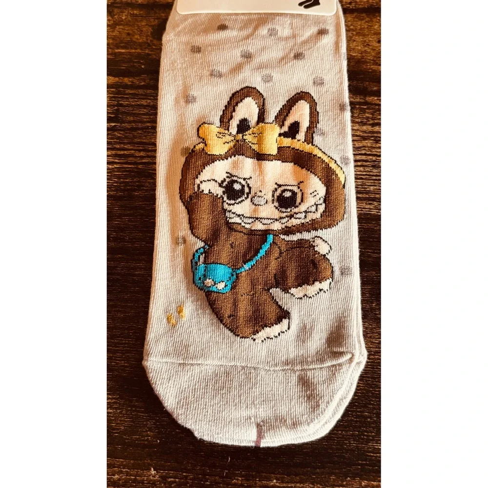 Labubu Character Combed Cotton Ankle Socks Beige Polka Dot Pop Mart Style